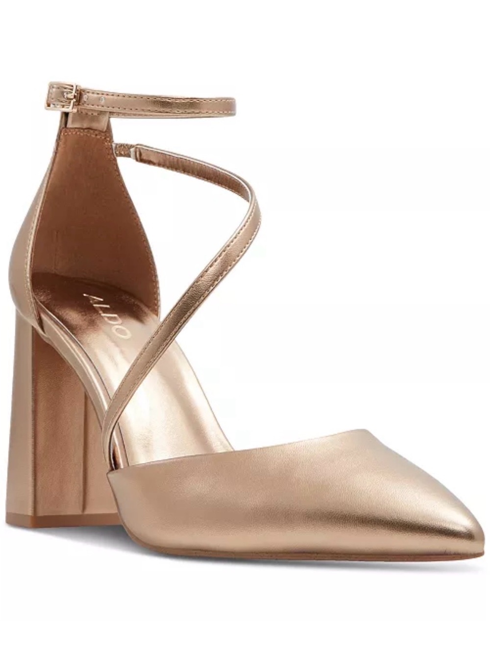 NIB ALDO Metallic Gold Pointed Toe Ankle Strap Block Heels Size 7